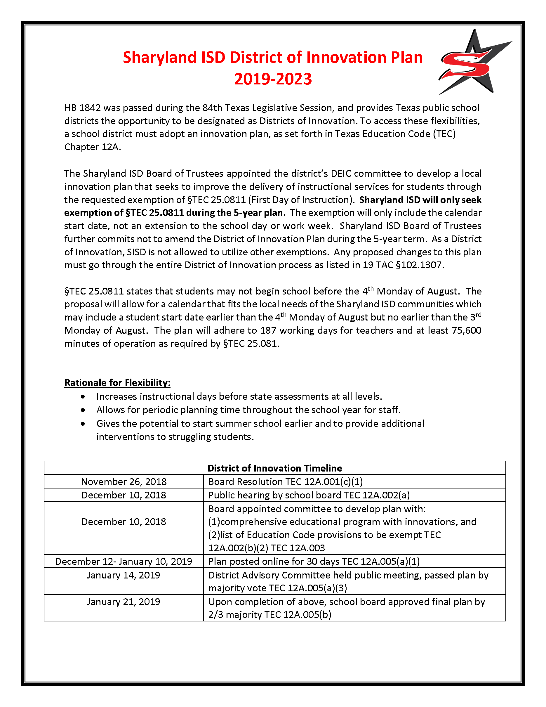 sharyland isd calendar 2023-24 District of Innovation Sharyland ISD